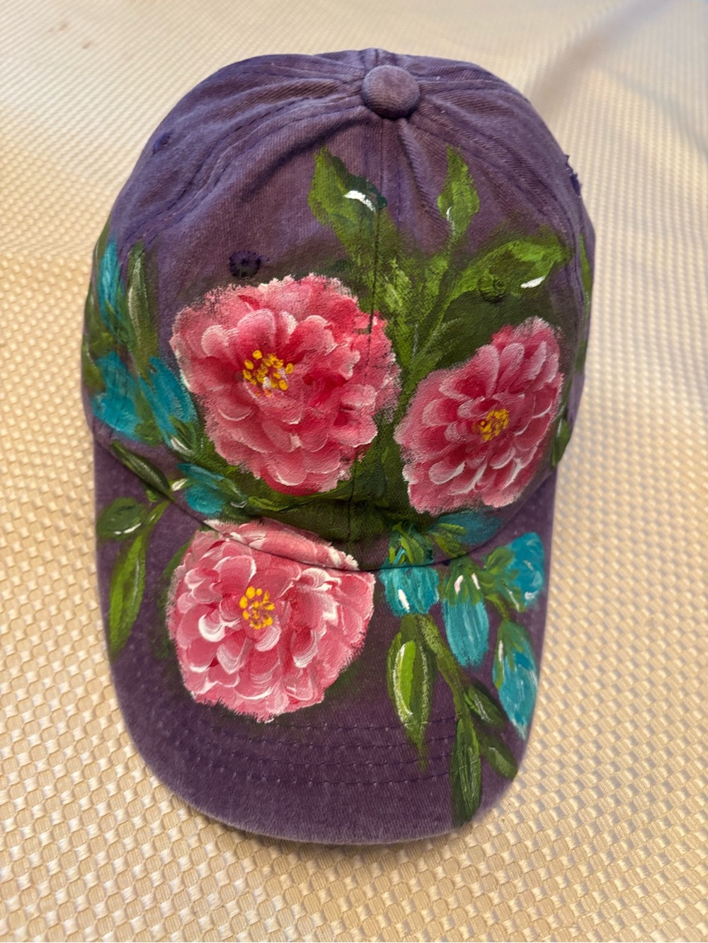 Hand-Painted Floral Purple Baseball Cap Handpained